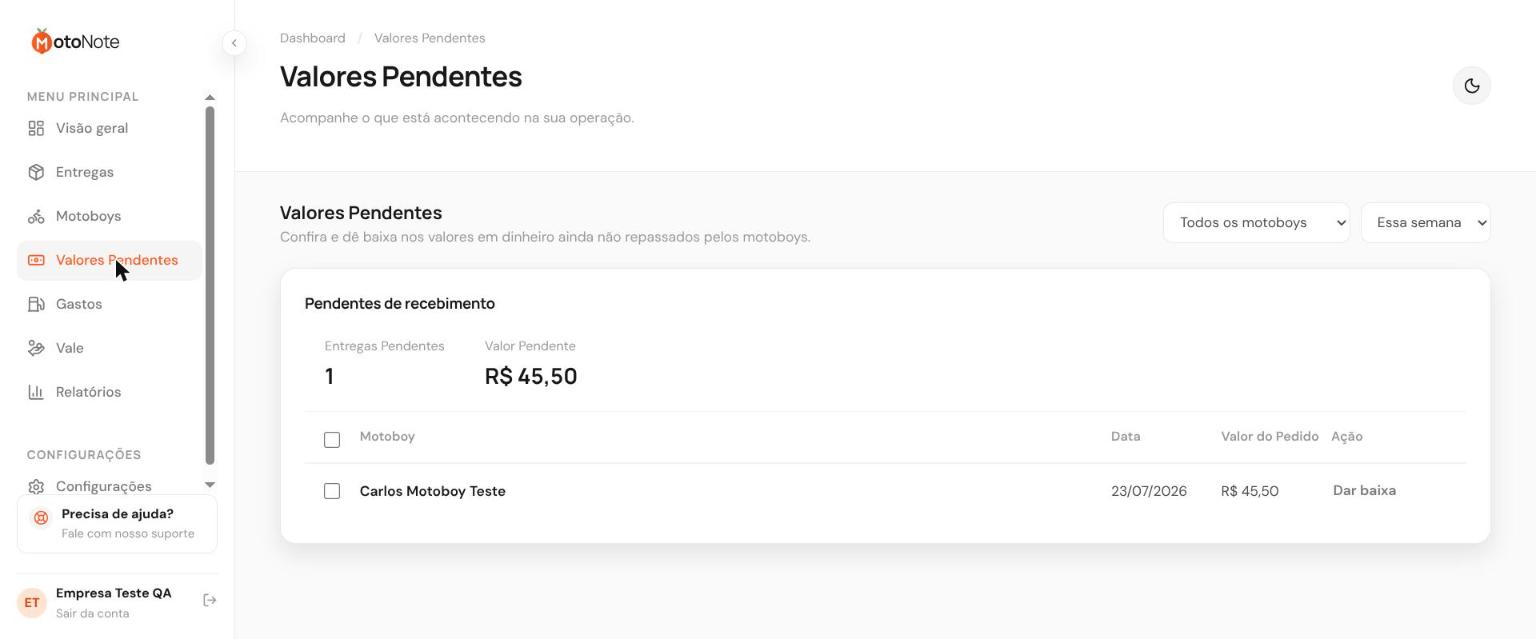 Print da tela Valores Pendentes
