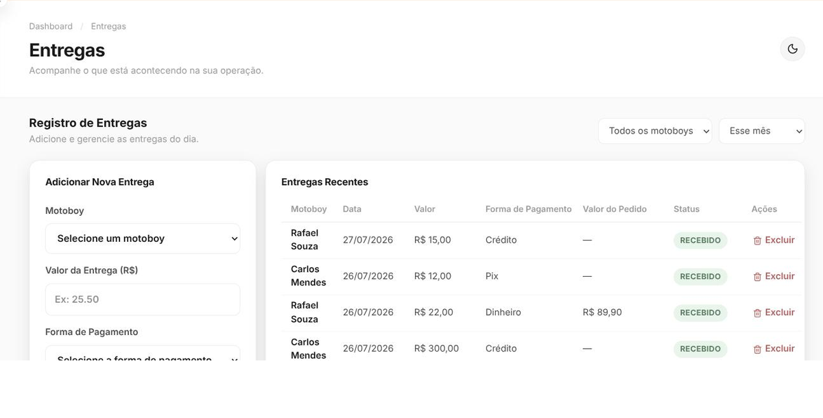 Tela real de registro de entregas do MotoNote