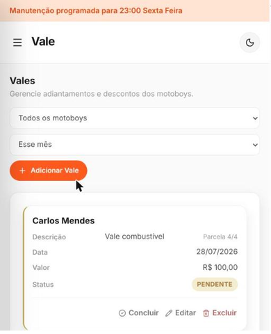 Lista de vales do MotoNote no celular, tela real